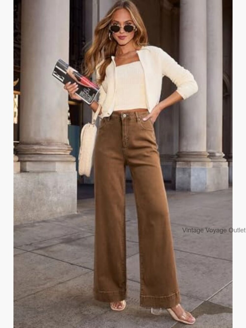 High Waisted Wide Leg Stretch Denim Pants with Pockets - Picture 3 of 7